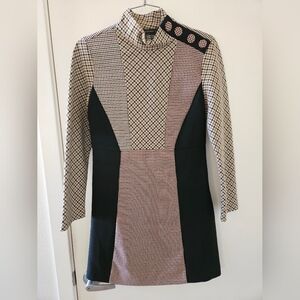 Zara Black and Cream Checkered Long Sleeve Dress